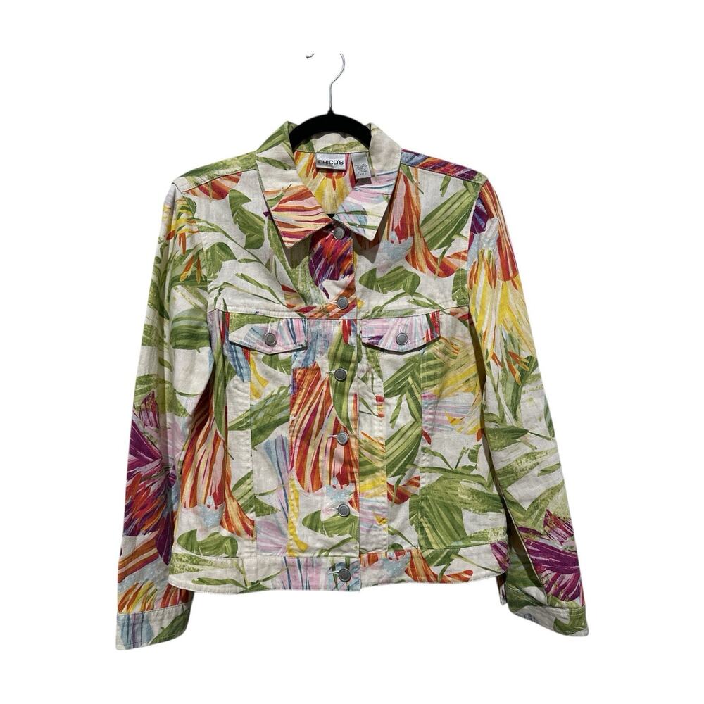 Chicos Floral Tropical Hawaiian Print Linen Blend Button Up Jacket Size 1 - Picture 2 of 11